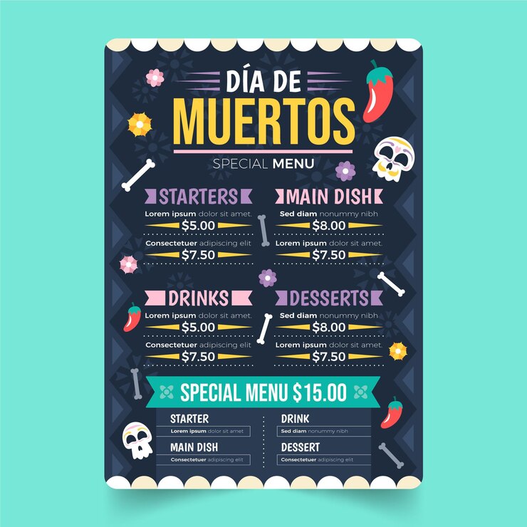 Plantilla de menú plano dia de muertos Vector Gratis