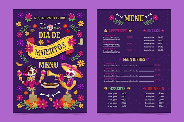 Vector gratuito plantilla de menú plano dia de muertos