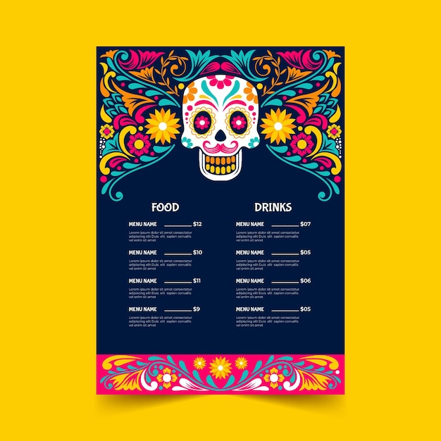 Vector gratuito plantilla de menú plano dia de muertos