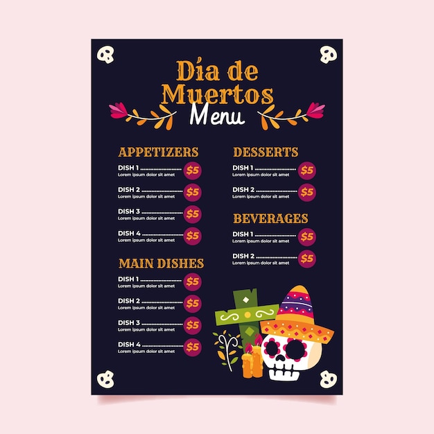 Vector gratuito plantilla de menú plano dia de muertos