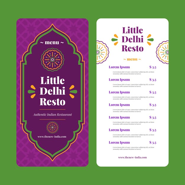 Plantilla de menú plano dibujado a mano de restaurante indio