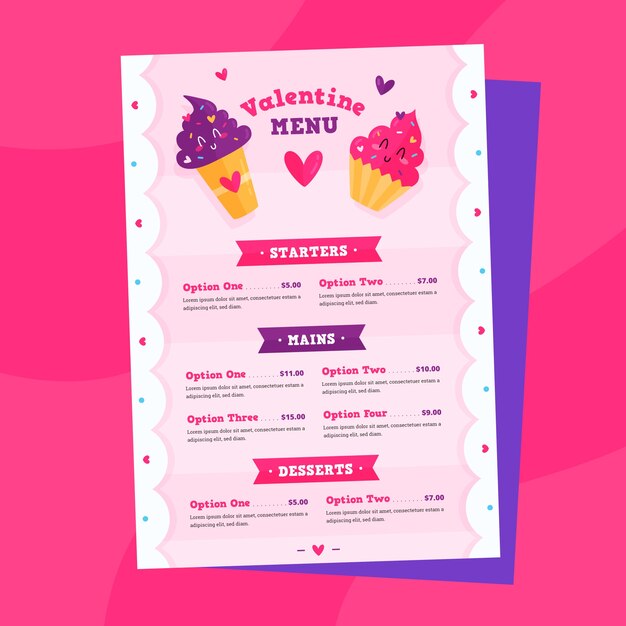 Plantilla de menú plano de San Valentín