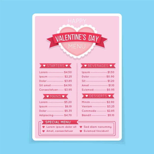 Plantilla de menú plano de San Valentín