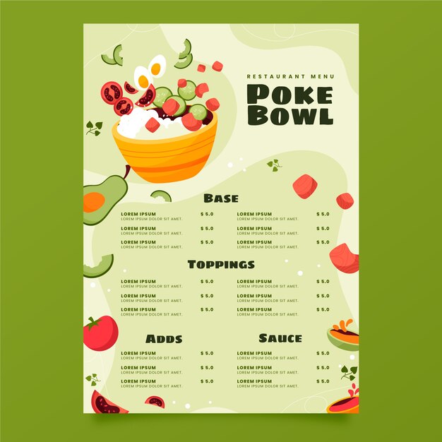 Plantilla de menú poke de diseño plano dibujado a mano