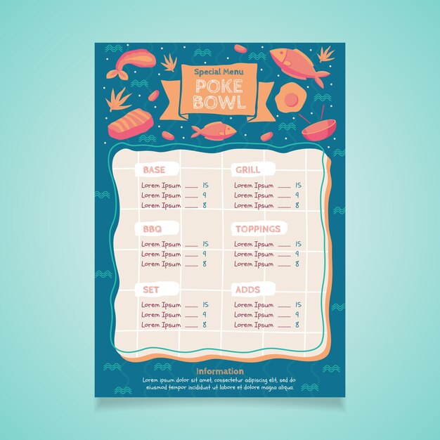 Plantilla de menú poke de diseño plano dibujado a mano