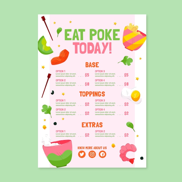 Plantilla de menú poke de diseño plano dibujado a mano