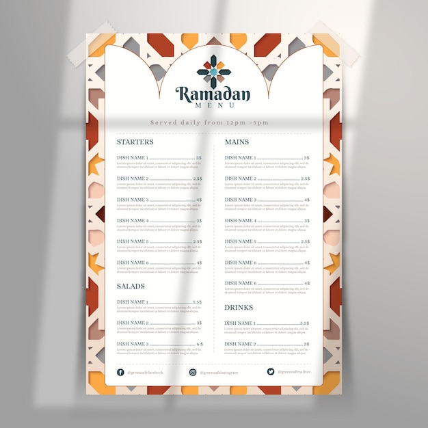 Vector gratuito plantilla de menú de ramadán en papel