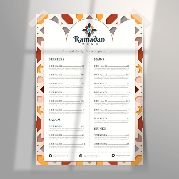 Plantilla de menú de Ramadán en papel