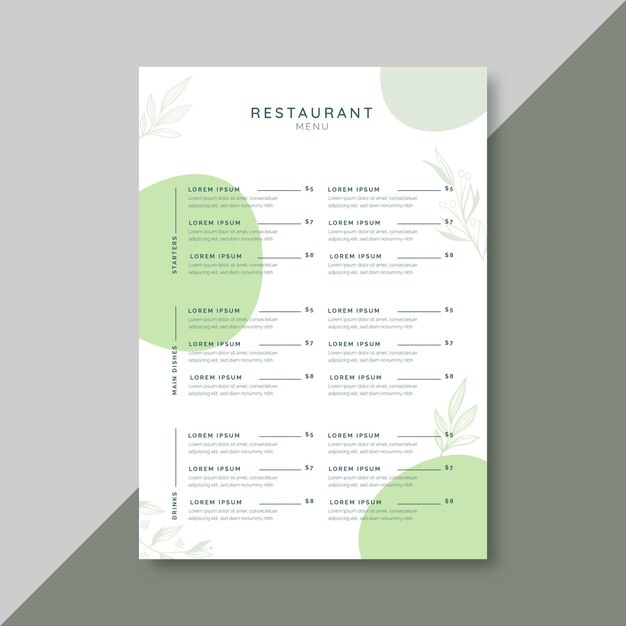 Plantilla de menú de restaurante con adornos florales