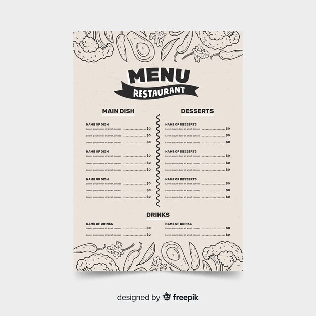 Plantilla de menú de restaurante con bocetos de comida