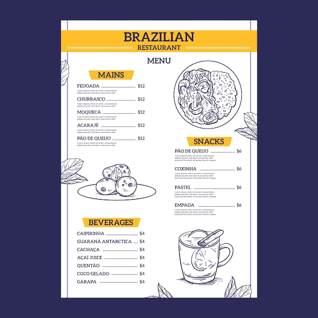 Vector gratuito plantilla de menú de restaurante brasileño dibujada a mano