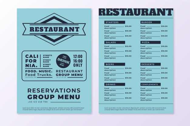 Plantilla de menú de restaurante de California en tonos azules