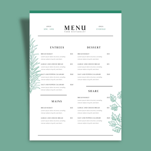 Plantilla de menú de restaurante de colores