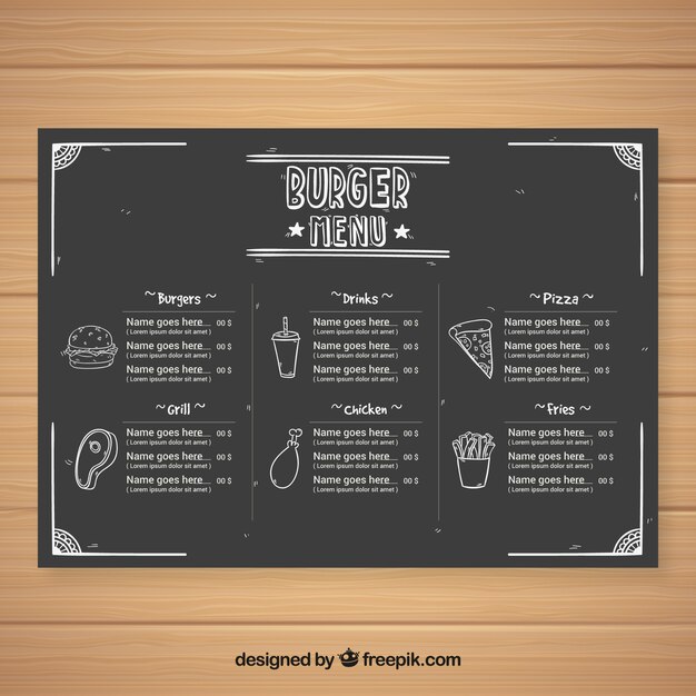 Plantilla de menú para restaurante de comida rápida en estilo de pizarra