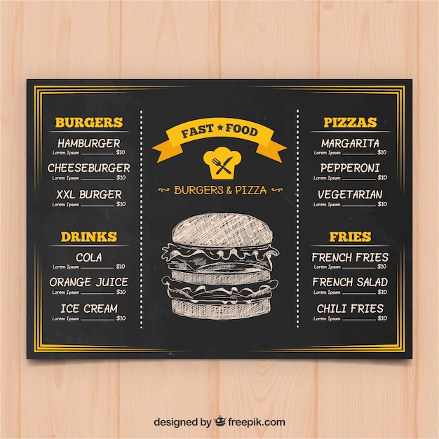 Vector gratuito plantilla de menú para restaurante de comida rápida en estilo de pizarra