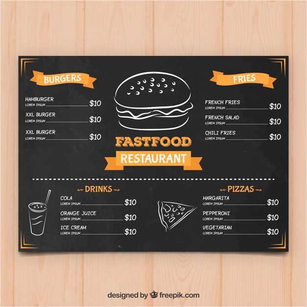 Plantilla de menú para restaurante de comida rápida en estilo de pizarra