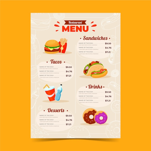 Plantilla de menú de restaurante de comida rápida