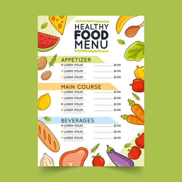 Plantilla de menú para restaurante con comida saludable.