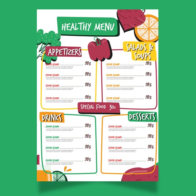 Plantilla de menú de restaurante de comida saludable