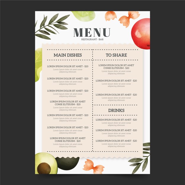 Plantilla de menú de restaurante de comida sana acuarela