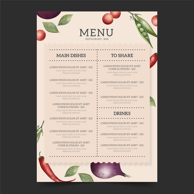 Plantilla de menú de restaurante de comida sana acuarela