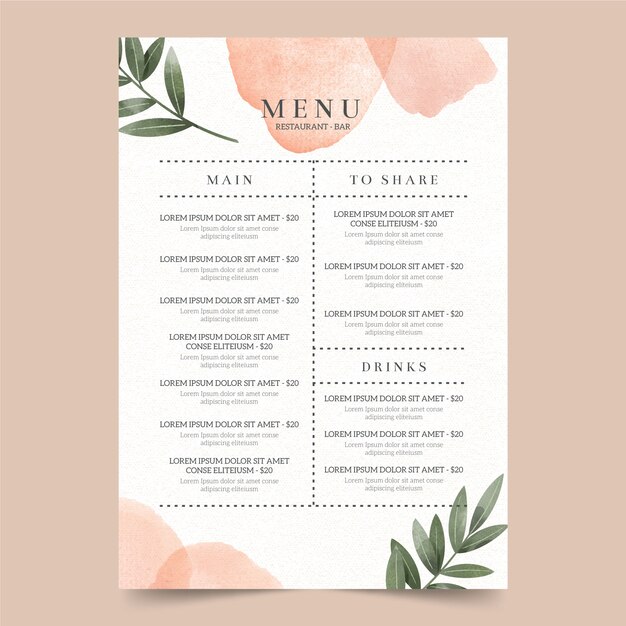 Plantilla de menú de restaurante de comida sana acuarela