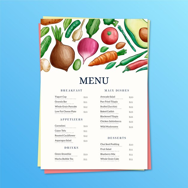 Plantilla de menú de restaurante de comida sana acuarela