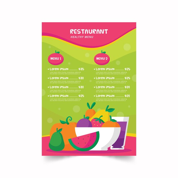 Plantilla de menú de restaurante de comida sana colorida ilustrada