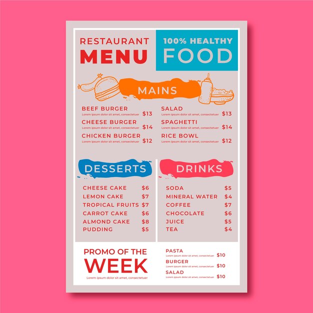 Plantilla de menú de restaurante de comida sana colorida