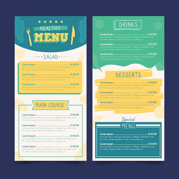Plantilla de menú de restaurante de comida sana colorida