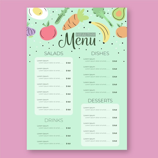 Plantilla de menú de restaurante de comida sana colorida