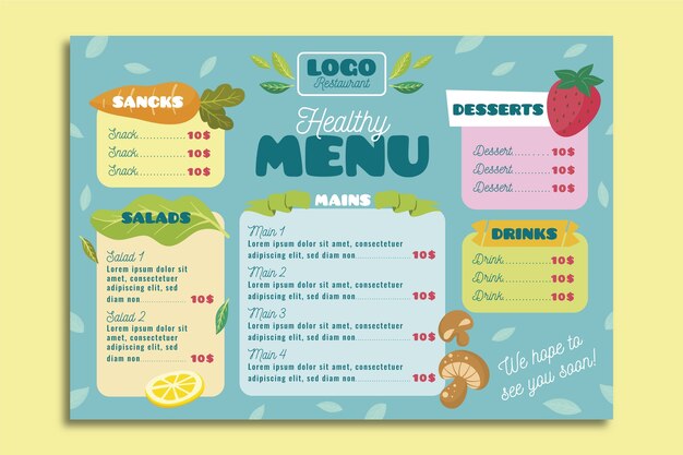 Plantilla de menú de restaurante de comida sana colorida