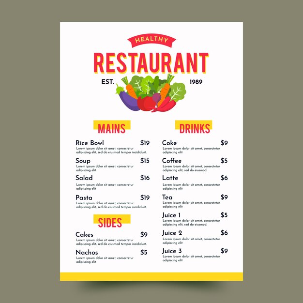 Plantilla de menú de restaurante de comida sana colorida