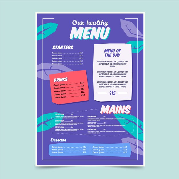 Plantilla de menú de restaurante de comida sana colorida