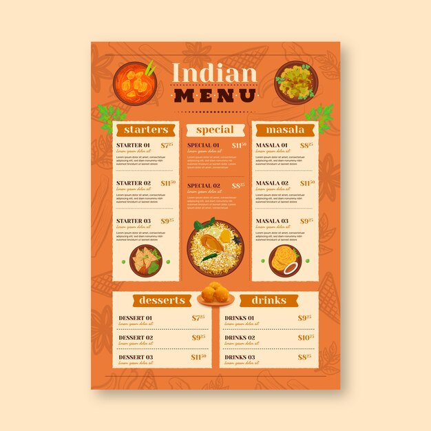 Plantilla de menú de restaurante con comida tradicional india