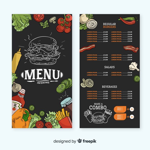 Plantilla de menú de restaurante dibujado a mano