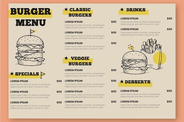 Plantilla de menú de restaurante digital horizontal con ilustraciones