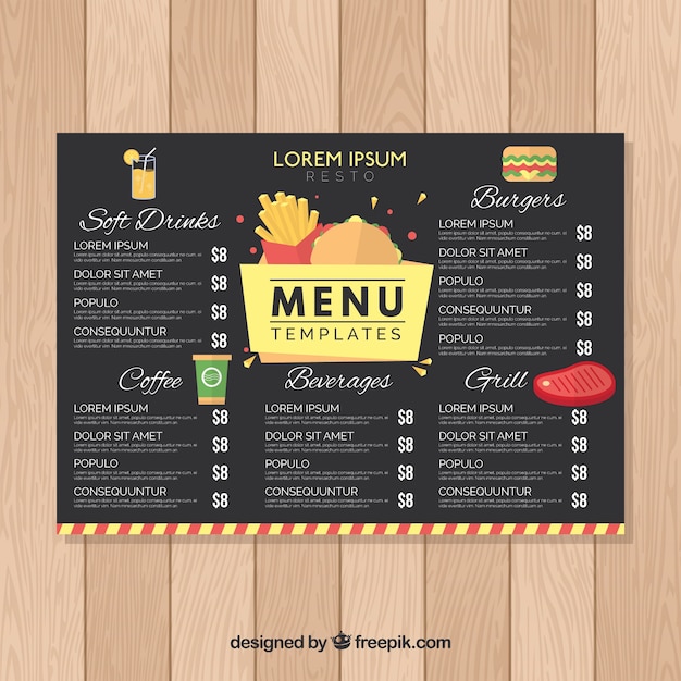 Plantilla de menú de restaurante en diseño plano