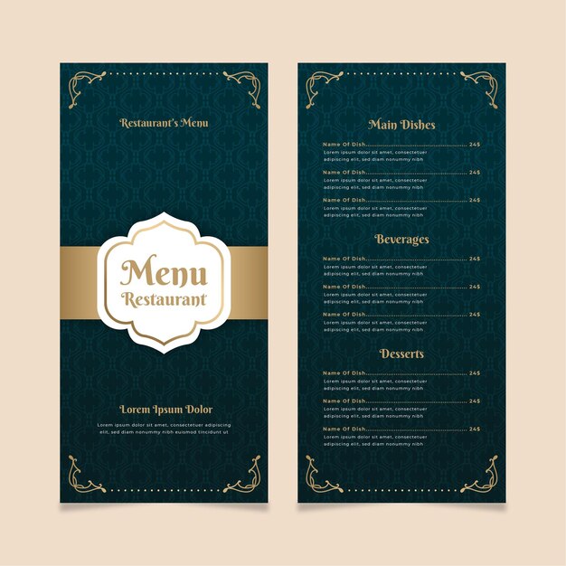 Plantilla de menú de restaurante dorado con azul