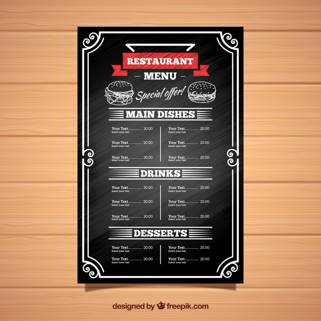 Plantilla de menú de restaurante en estilo de pizarra