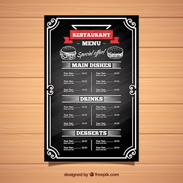Plantilla de menú de restaurante en estilo de pizarra