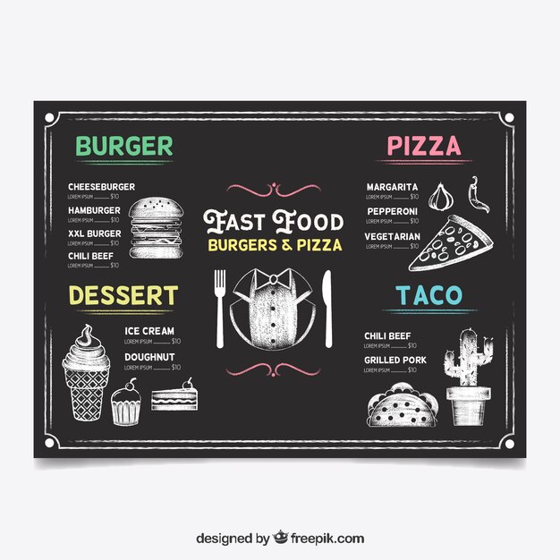 Plantilla de menú de restaurante en estilo pizarra