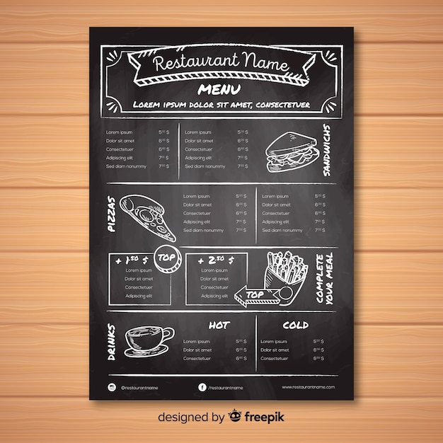Plantilla de menú de restaurante con estilo de pizarra