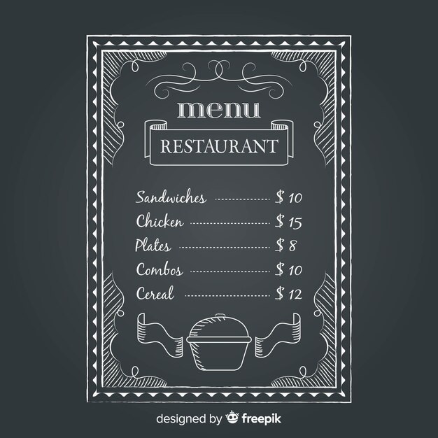 Plantilla de menú de restaurante con estilo de pizarra
