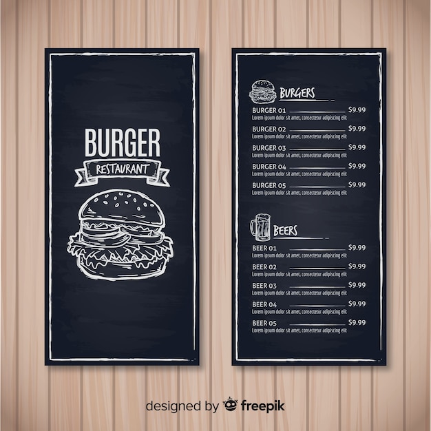 Plantilla de menú de restaurante con estilo de pizarra