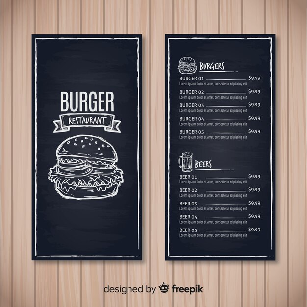 Plantilla de menú de restaurante con estilo de pizarra