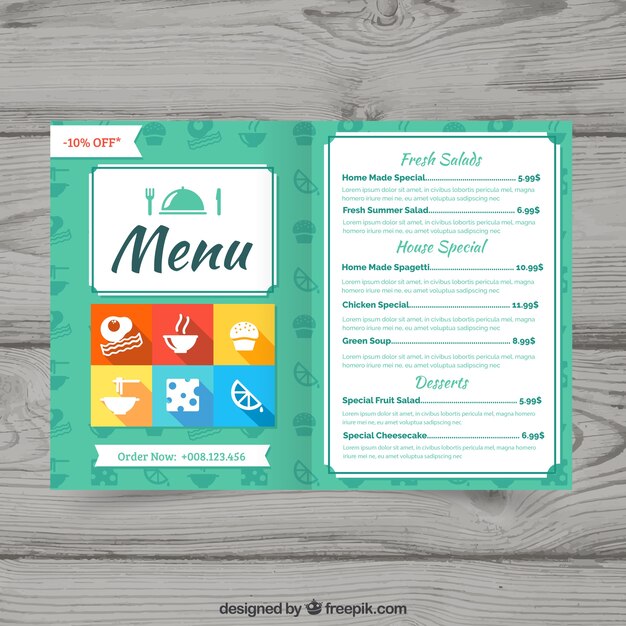 Plantilla de menú de restaurante en estilo plano