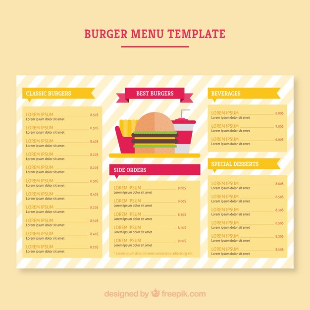 Plantilla de menú de restaurante en estilo plano