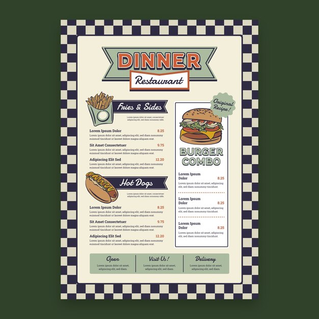Plantilla de menú de restaurante de estilo retro americano dibujado a mano
