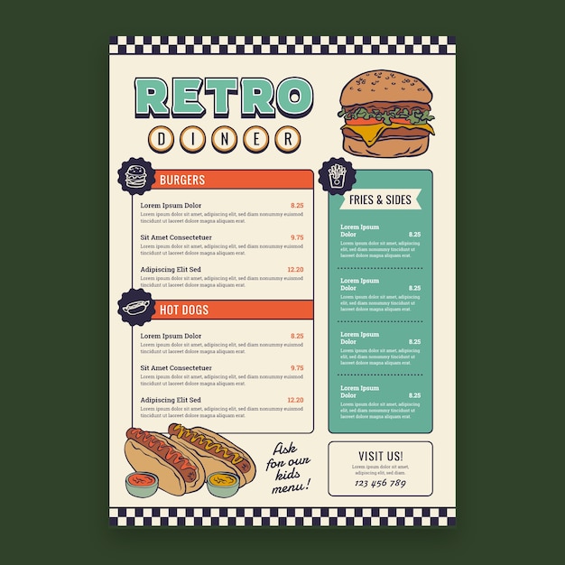 Plantilla de menú de restaurante de estilo retro americano dibujado a mano